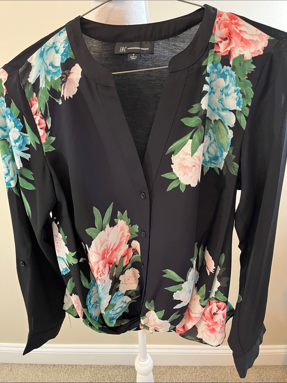 INC International Concepts Black Floral Button-Front Blouse